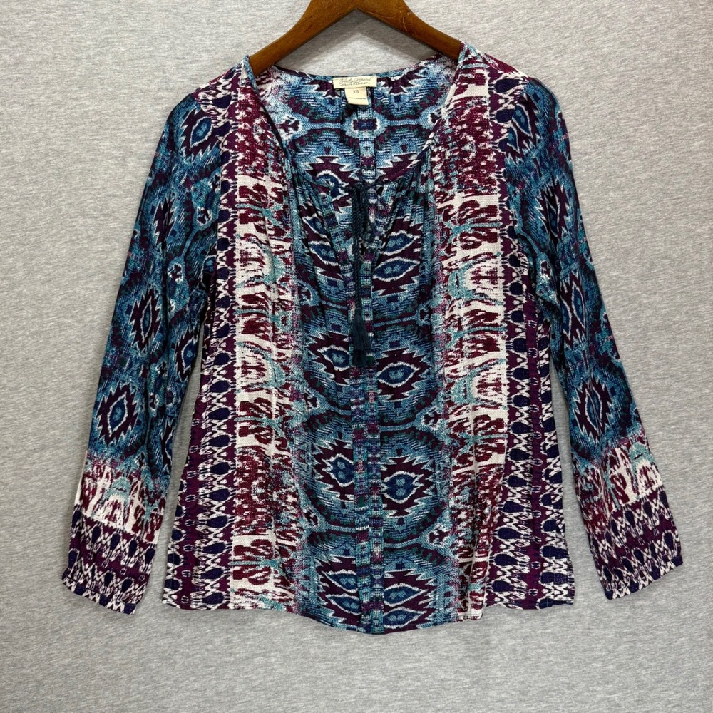 Lucky Brand Blouse Women XS Teal Purple Ikat Geometric Boho Tassel Top